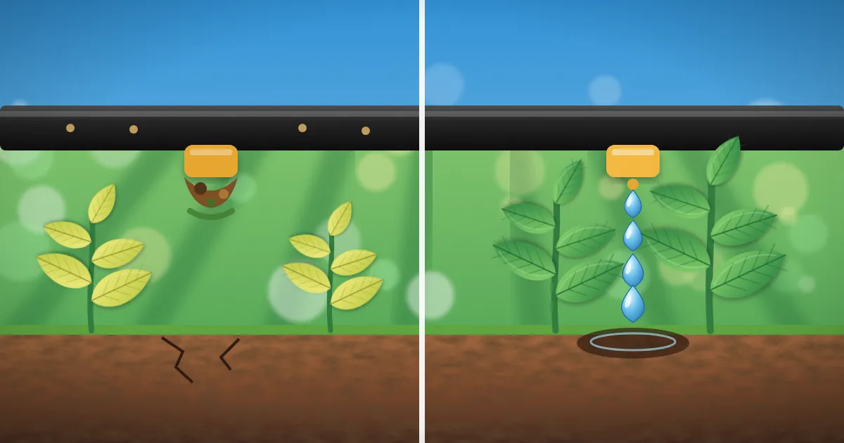 Illustration of a drip lateral with a clogged emitter on the left and a clean emitter dripping steadily on the right