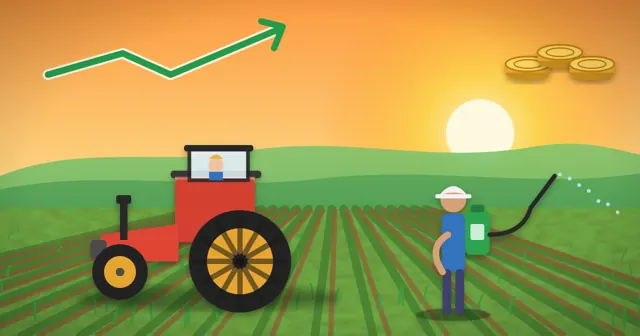 Illustration of a small power weeder, a battery sprayer and a seed drill beside a stack of coins and an upward arrow